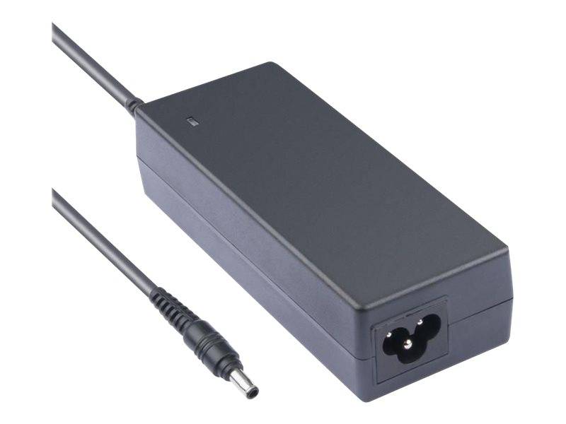 Ein schwarzer rechteckiger Netzadapter mit Kabel und zweipinigem Stecker, der zum Aufladen elektronischer Geräte verwendet wird.