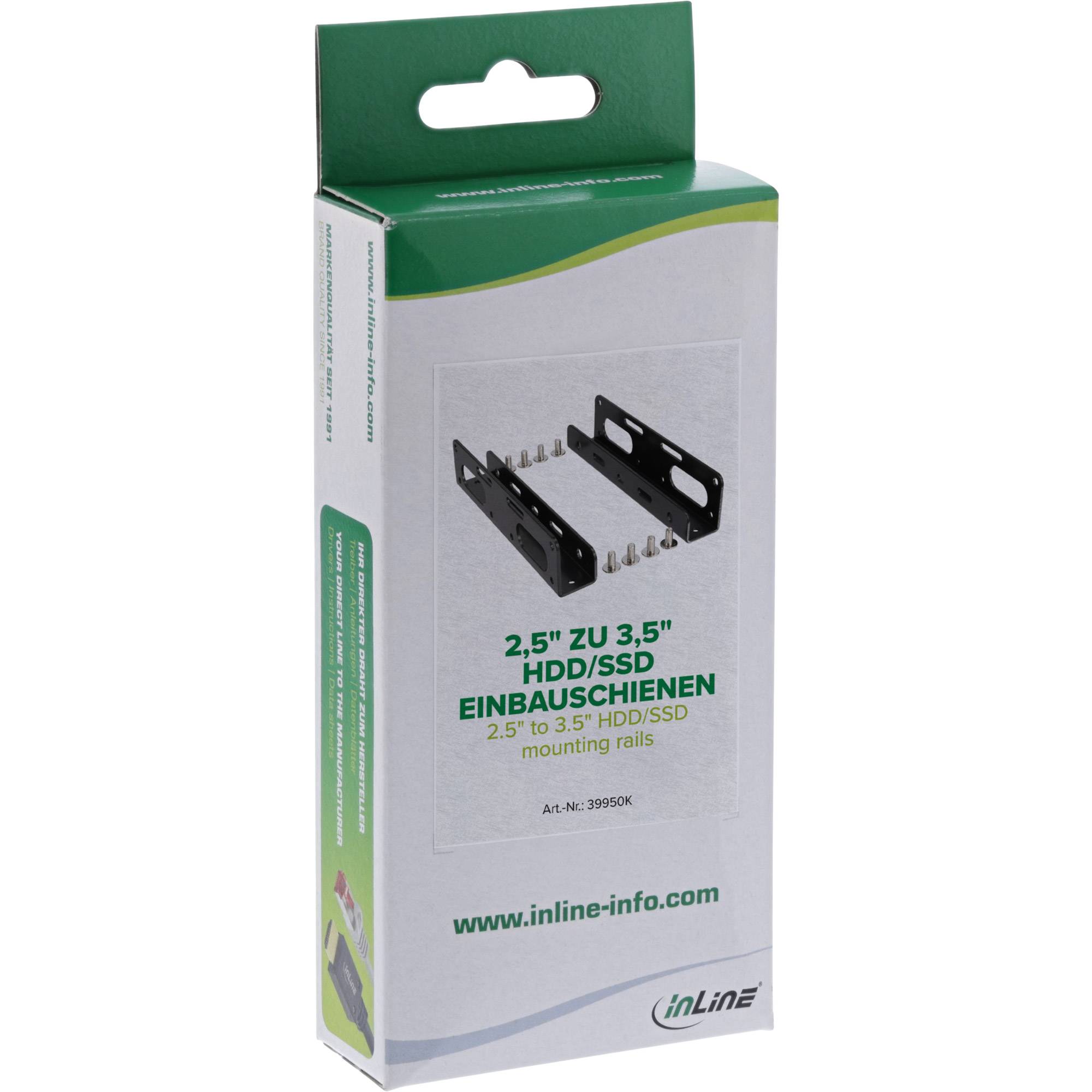 Produktbox für 2,5 bis 3,5 Zoll HDD/SSD-Befestigungsschienen, auf dem vorderen Etikett schwarze Halterungen und Schrauben gezeigt.