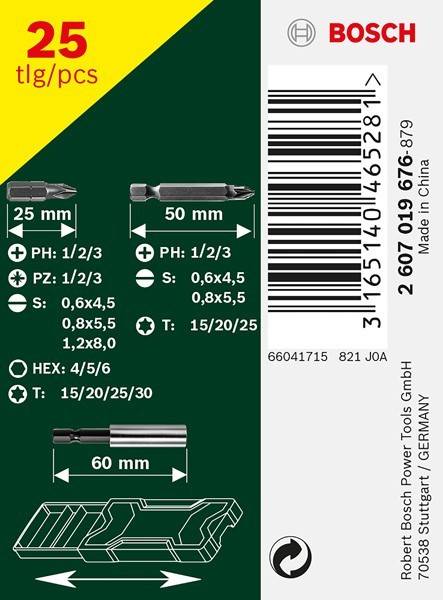 Ein Werkzeugzubehör-Paket mit verschiedenen Bitgrößen: PH, S, TX, HEX mit Abmessungen. Inklusive Produktcode 2 607 019 676. Made in China.