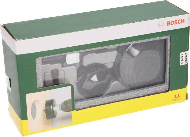 Schachtel mit einem Sägebohrer-Bitset, das verschiedene Größen zeigt. Bild an der Seite veranschaulicht einen Bohrer, der einen kreisrunden Schnitt in Holz macht.
