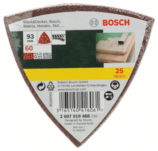 Dreieckige Schleifpapier-Packung, Marke Bosch, 93mm Größe, Körnung 60, 25 Stück. Kompatibel mit Black & Decker, Bosch, Makita, Metabo, Skil.