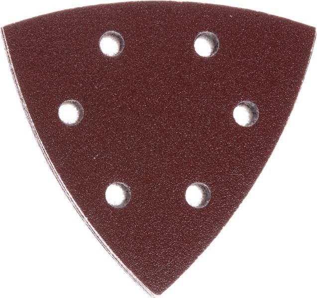 Braunes dreieckiges Schleifpapier mit sechs gleichmäßig verteilten Löchern zum Schleifen von Oberflächen; geeignet für Detailschleifer.