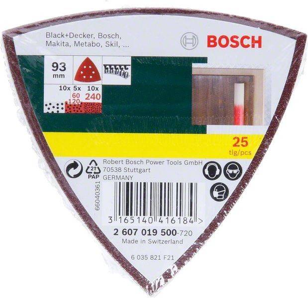 Ein Paket mit dreieckigen Schleifblättern für Bosch, 93 mm Größe, mit 25 Blättern. Inklusive Strichcode und Herstellerinformationen.