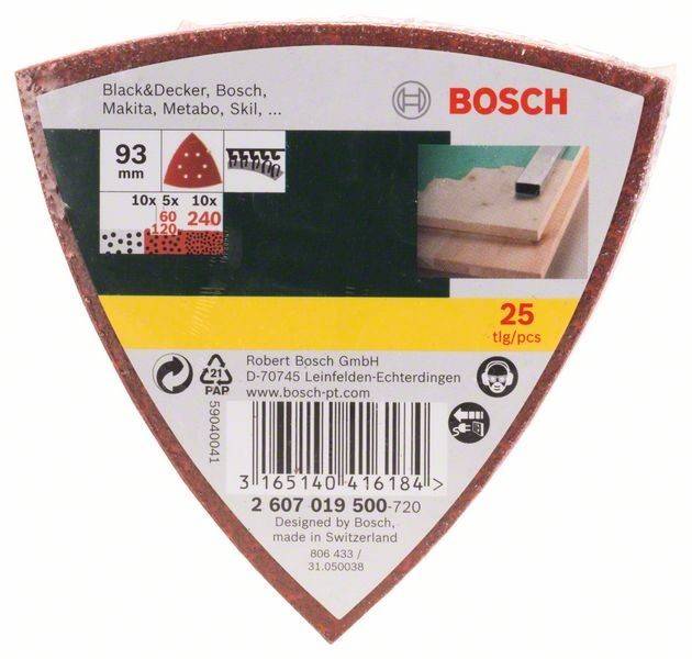 Schleifpapier-Bogen-Etikett, Marke Bosch, enthält Größe 93 mm, 25 Stück, Korndetails und Barcode. Hergestellt in der Schweiz.