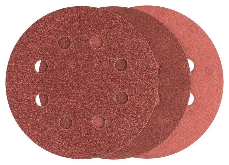 Drei überlappende runde rot-braune Schleifpapierkreise mit mehreren Löchern.