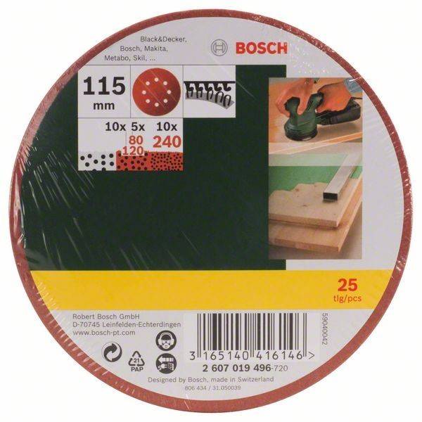 Runde Schleifscheiben-Packung mit 115 mm. Enthält 25 Scheiben von Bosch für Modelle wie Black & Decker und Makita. Körnung: 80, 120, 240.