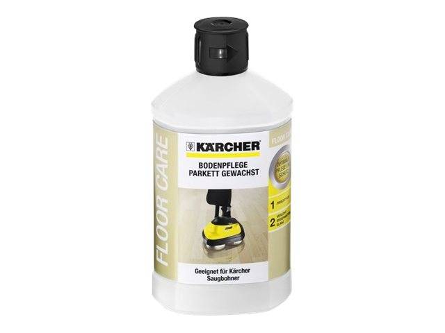 Flasche mit Kärcher-Bodenpflegemittel für Parkettböden, mit der Bezeichnung „BODENPFLEGE PARKETT GEWACHST