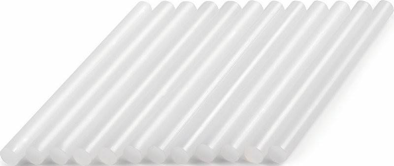 Durchsichtige zylindrische Klebestifte, diagonal ausgerichtet, die üblicherweise für Heißklebepistolen verwendet werden.