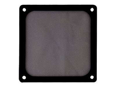 Quadratischer grauer Netzfilter in schwarzem Rahmen mit vier Schraubenlöchern in den Ecken.