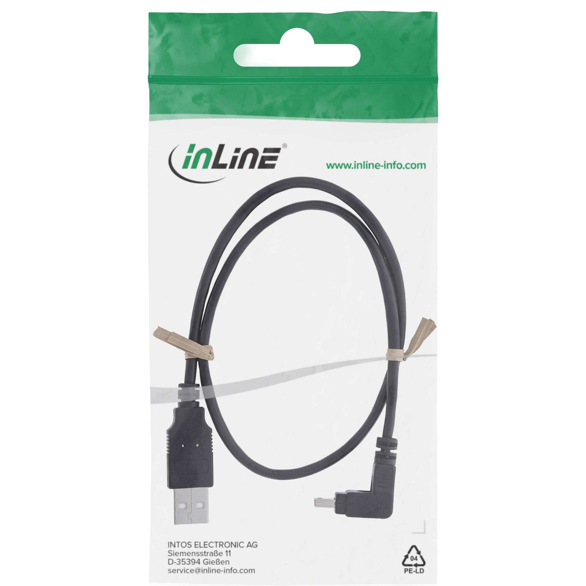Im Paket enthaltenes USB-Kabel mit Winkelstecker, abgebildet auf weißer Produktverpackung mit grünem Kopfbereich und Firmenlogo.