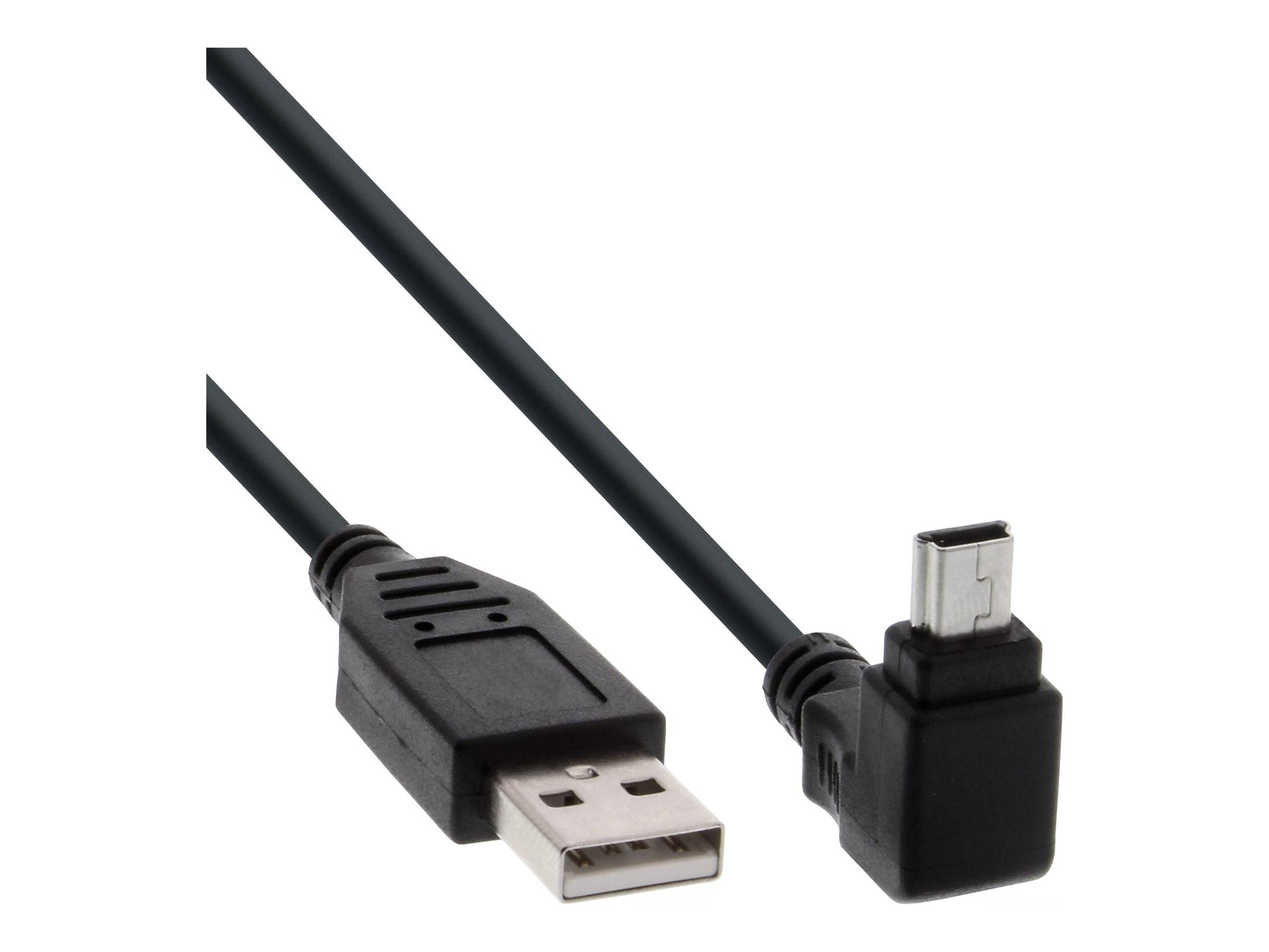 Schwarzes USB-Kabel mit einem Standard-USB-A-Stecker auf der einen Seite und einem rechtwinkligen Micro-USB-Stecker auf der anderen Seite.