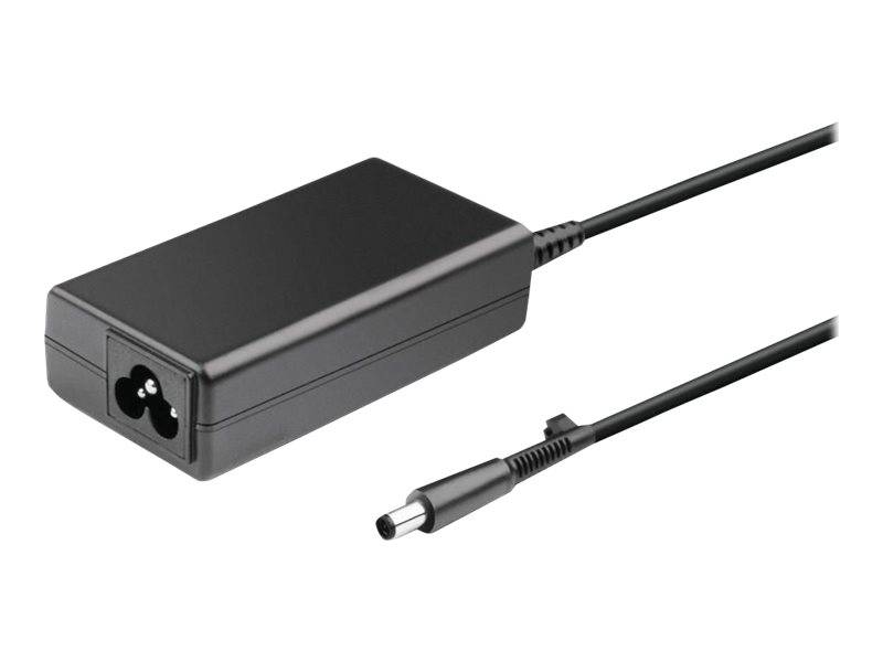 Laptop-Netzteil mit einer schwarzen rechteckigen Box und angeschlossenem Kabel, das in einen zylindrischen Stecker endet.