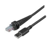 USB-Kabel mit einem männlichen USB-A-Stecker auf der einen Seite und einem RJ45-Ethernet-Stecker auf der anderen Seite.