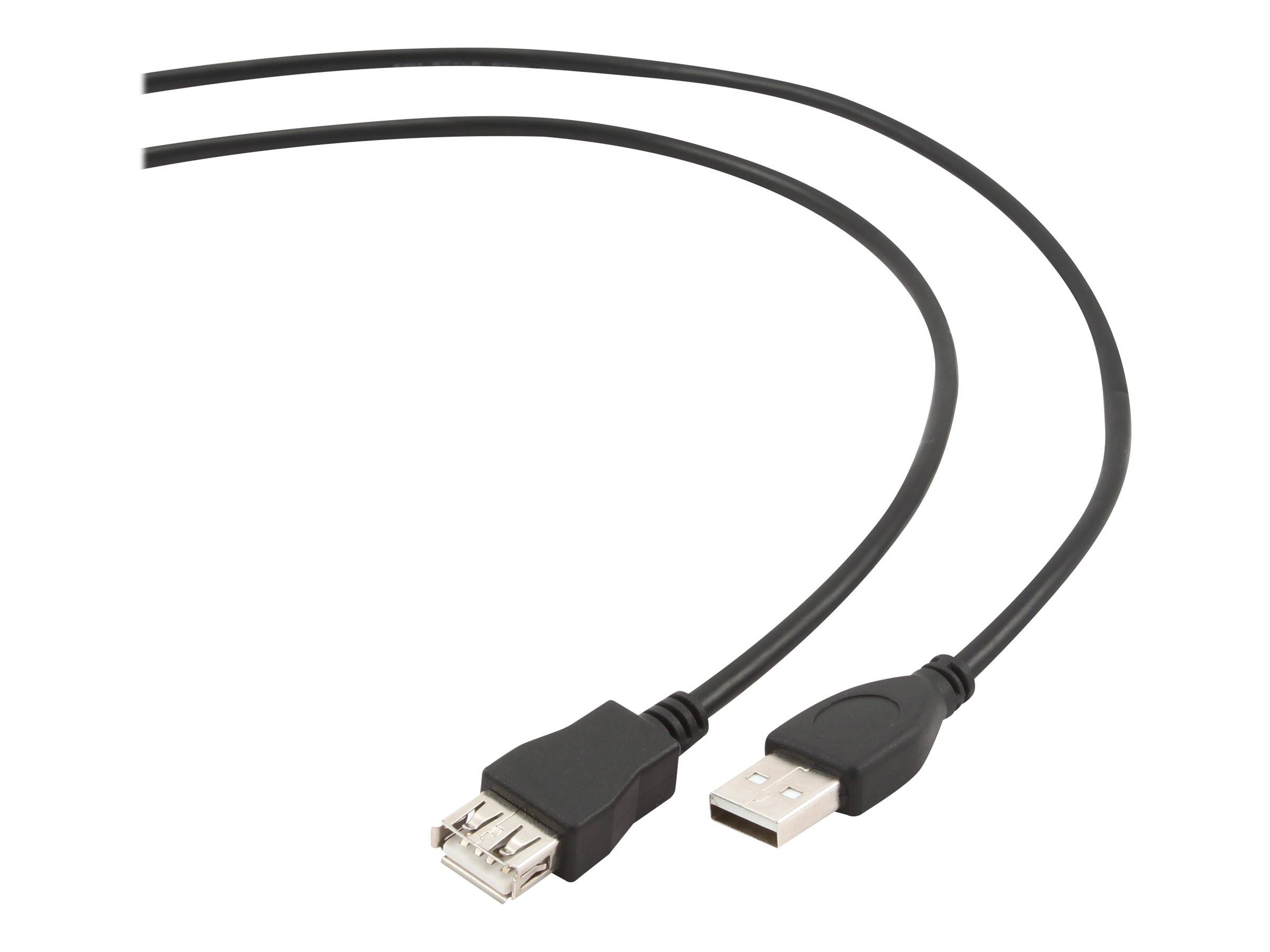 Ein schwarzes USB-Kabel mit einem Standard-USB-Typ-A-Stecker auf der einen Seite und einer USB-Typ-A-Buchse auf der anderen Seite.