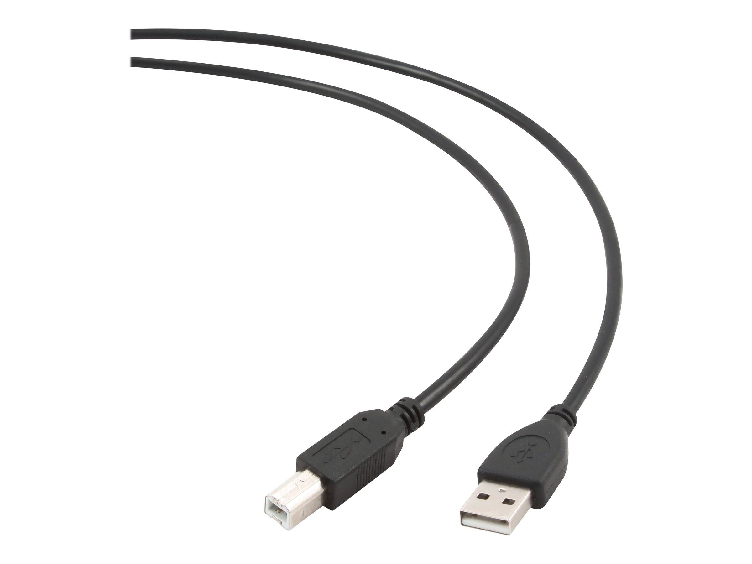 Ein schwarzes USB-Kabel mit einem USB-Typ-A-Anschluss und einem USB-Typ-B-Anschluss, das zum Verbinden von Geräten wie Druckern mit Computern verwendet wird.