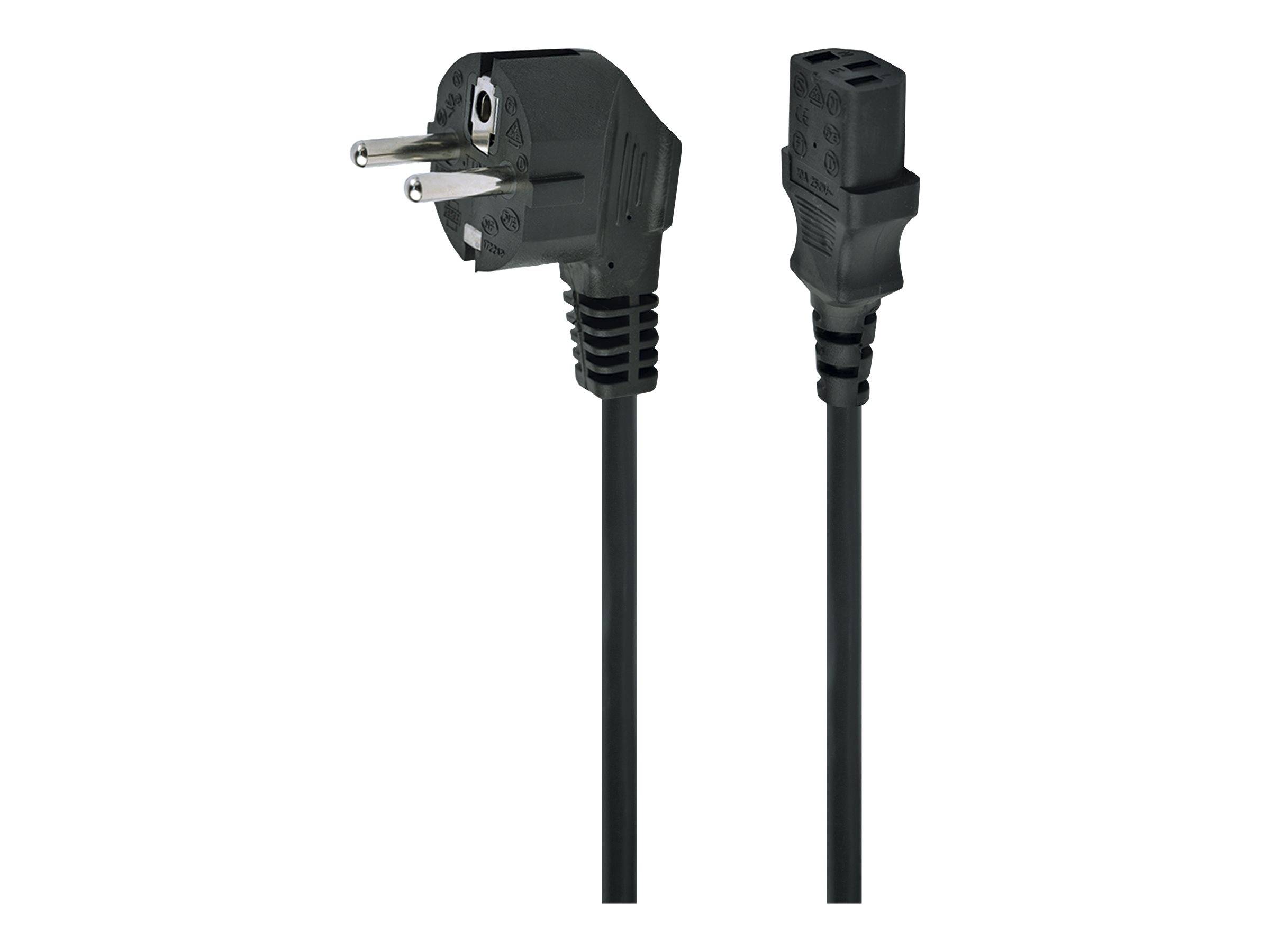 Schwarzes Stromkabel mit einem europäischen zweipoligen Stecker auf der einen Seite und einem rechteckigen Geräteanschluss auf der anderen Seite, gezeigt auf weißem Hintergrund.