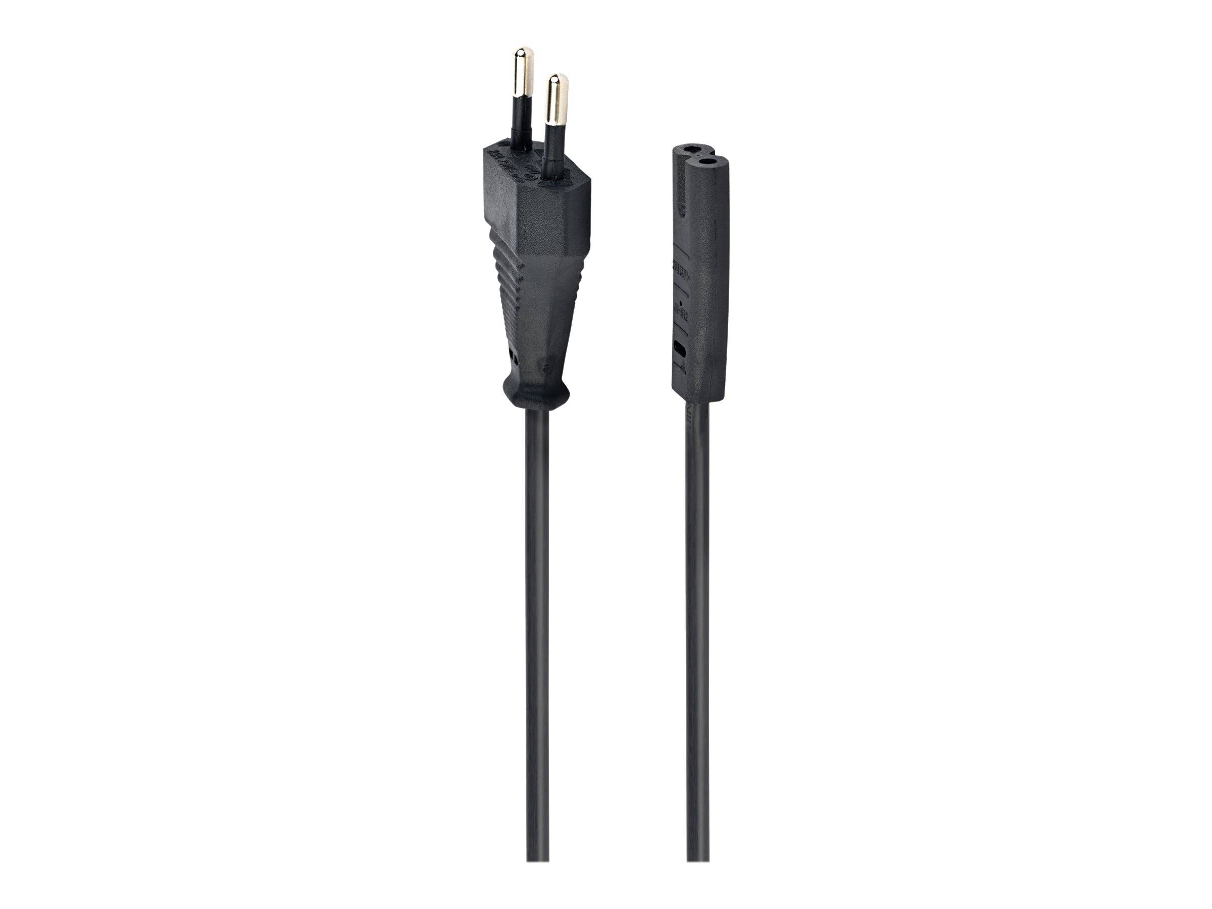 Schwarzes zweipoliges Stromkabel mit europäischem Stecker und passendem Steckverbinder, auf weißem Hintergrund dargestellt.