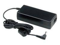 Ein schwarzes Laptop-Netzteil mit einem langen Kabel, das in einen Winkelstecker endet.