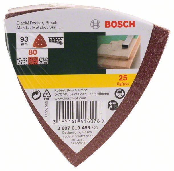 Dreieckiges Bosch-Schleifpapierpack mit 25 Stück, 93 mm Größe, 80 Körnung. Kompatibel mit Black & Decker, Bosch, Makita, Metabo, Skil.