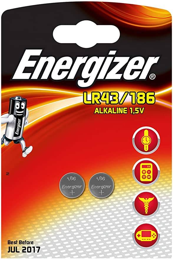 Energizer LR43/186 Batterieverpackung mit Abbildungen von zwei Batterien und Symbolen für die Verwendung in Uhren, Taschenrechnern und Spielzeug.