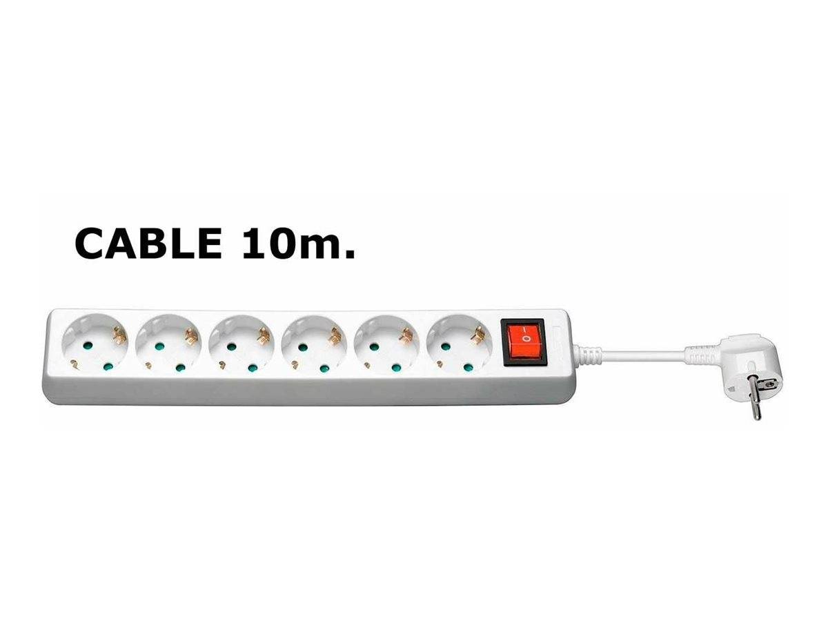 Weiße 10m Steckdosenleiste mit sechs Steckdosen, rotem Ein-/Ausschalter und Winkelstecker; Text lautet „KABEL 10m