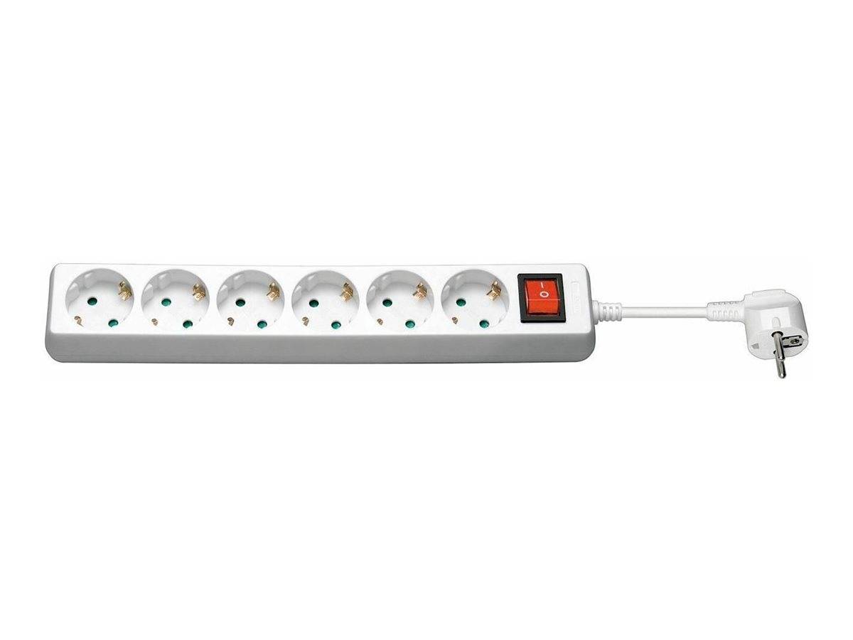 Weiße Steckerleiste mit sechs Steckdosen, Ein-/Ausschalter und Winkelstecker