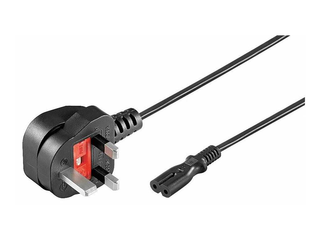 UK-Dreizack-Stecker mit angeschlossenem schwarzem Kabel und zweipoliger Gerätesteckverbindung auf weißem Hintergrund.
