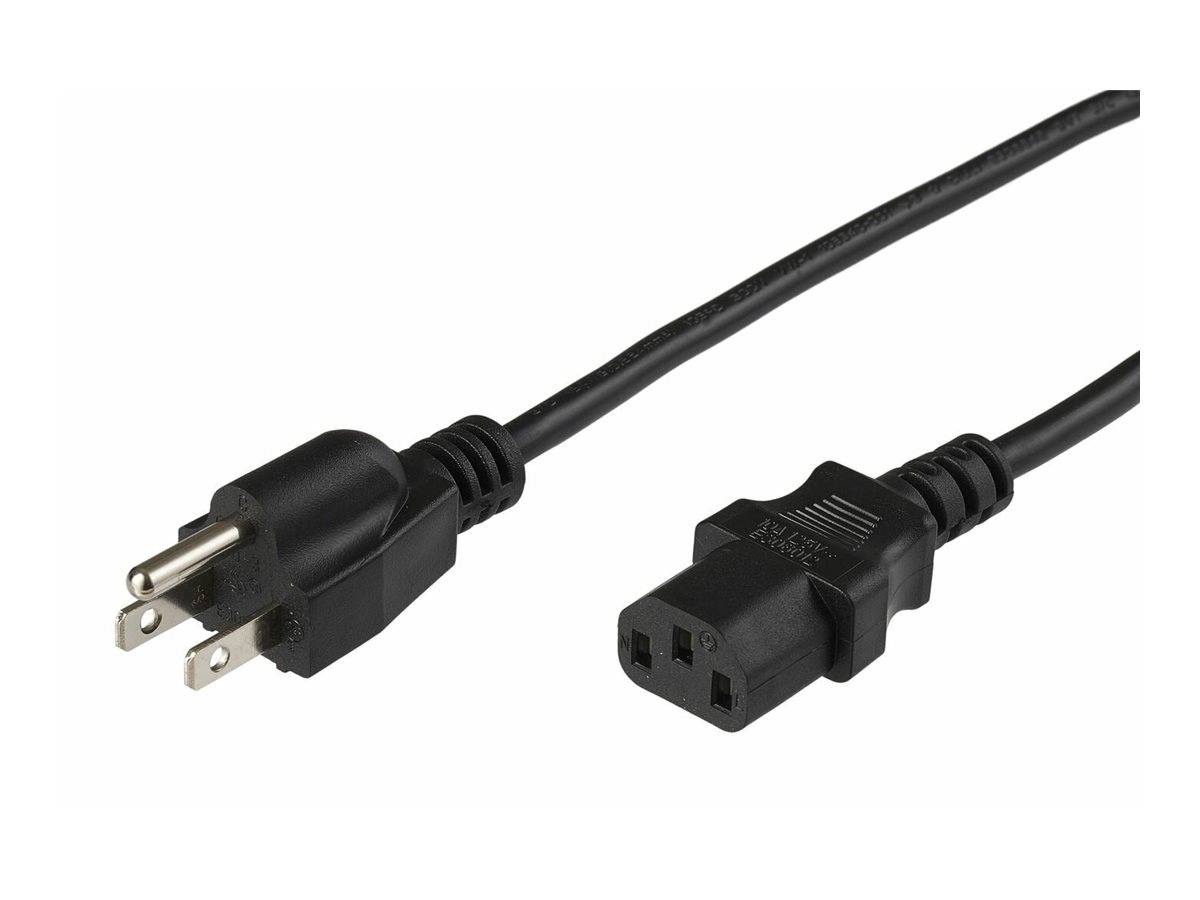 Schwarzes Stromkabel mit einem dreipoligen US-Stecker auf der einen Seite und einem weiblichen IEC-C13-Stecker auf der anderen Seite.