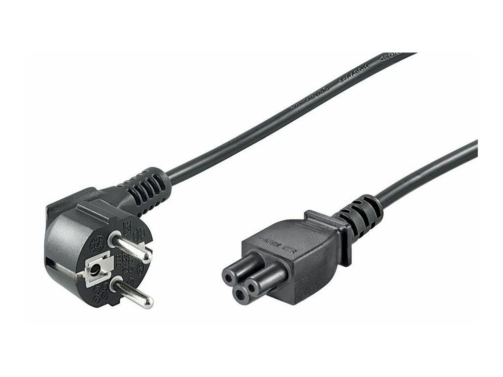 Schwarzes Stromkabel mit europäischem zweipoligem Stecker auf einer Seite und IEC-C7-Achterschleife-Verbinder auf der anderen Seite, gezeigt auf weißem Hintergrund.