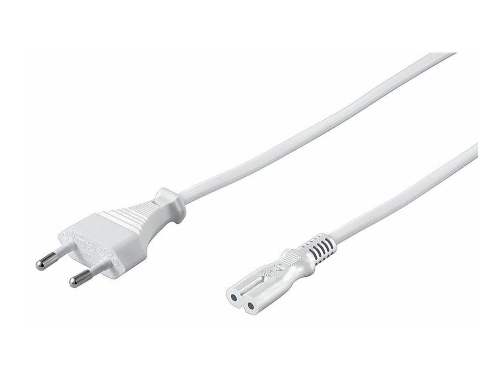 Weißes Stromkabel mit einem zweipoligen europäischen Stecker auf der einen Seite und einem zweilöchrigen Geräteanschluss auf der anderen Seite.