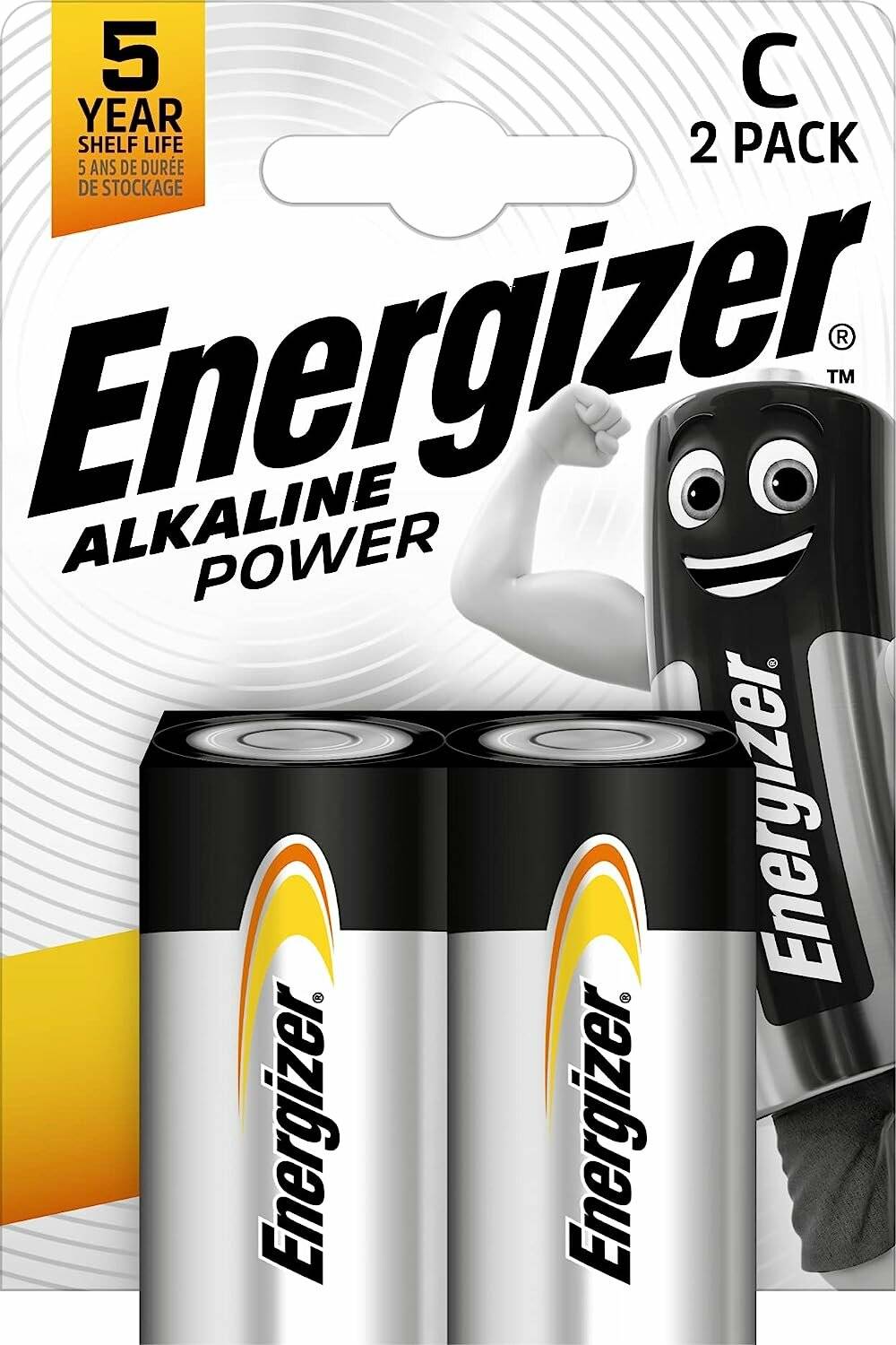 Energizer Alkaline Power 2er-Pack Batterien mit lächelndem Batterie-Maskottchen und 5-Jahre-Lagerfähigkeit-Etikett.