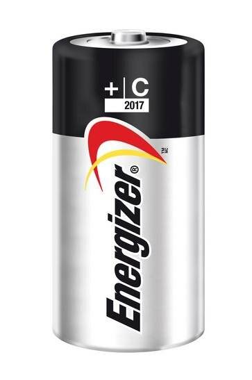 Energizer C-Batterie mit +/C und 2017-Markierung auf einer schwarz-silbernen zylindrischen Zelle.