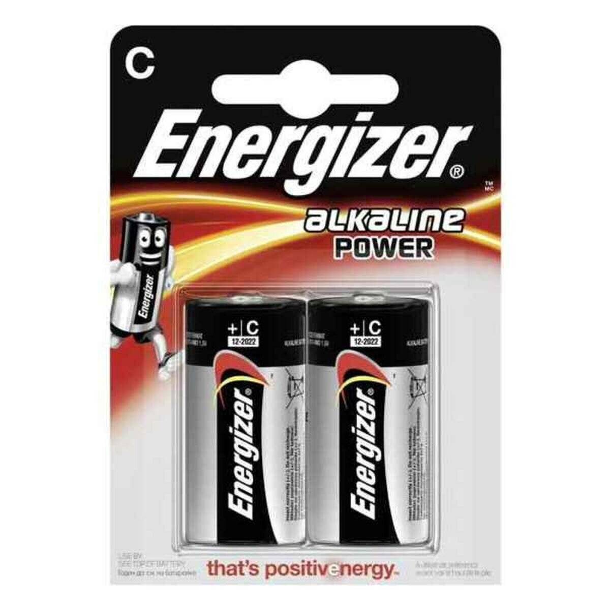 Energizer Alkaline-C-Batterien-Packung mit zwei C-Zellen und Maskottchen, beschriftet mit „das ist positive Energie
