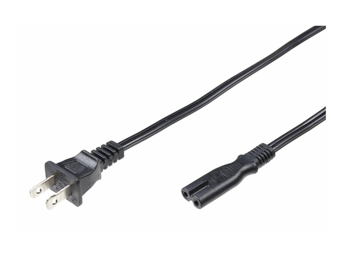 Schwarzes zweipoliges Stromkabel mit US-Stecker auf einer Seite und zweilöchrigem Anschluss auf der anderen Seite, dargestellt auf weißem Hintergrund.