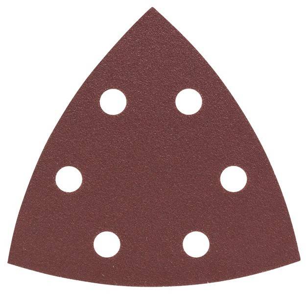 Ein dreieckiges Schleifpad mit sechs kreisrunden Löchern, das zum Schleifen von Oberflächen in der Holz- oder Metallbearbeitung verwendet wird.