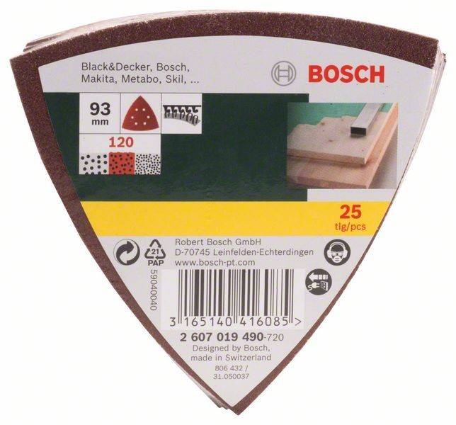 Eine Packung mit Bosch Dreiecksschleifblättern für verschiedene Werkzeugmarken, die eine Menge von 25 Stück und eine Körnung von 120 zeigt.