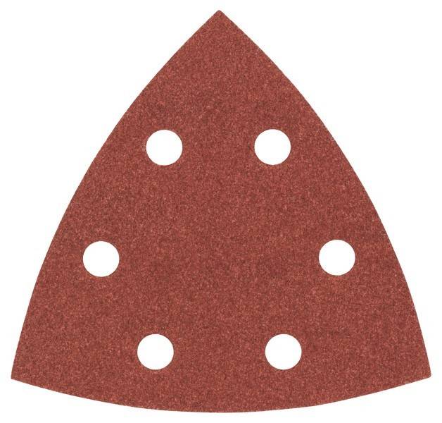 Ein dreieckiges Schleifpapierblatt mit sechs kreisförmigen Löchern, das typischerweise zum Feinschliff verwendet wird oder auf einem Multitool für Holz- oder Metalloberflächen befestigt wird.