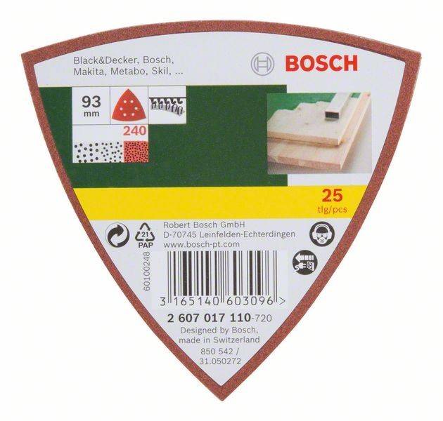 Dreieckiges Schleifpapier-Verpackung der Marke 'Bosch'. Zeigt Größe 93mm, Körnung 240, und 25 Stück. Bild von Schleifpapier bei der Verwendung auf Holz.