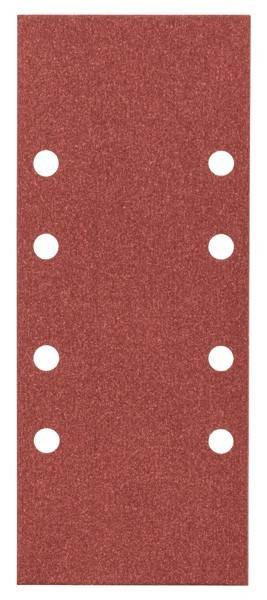 Ein rotes Blatt Schleifpapier mit mehreren kreisrunden Löchern, die gleichmäßig über seine Oberfläche verteilt sind.