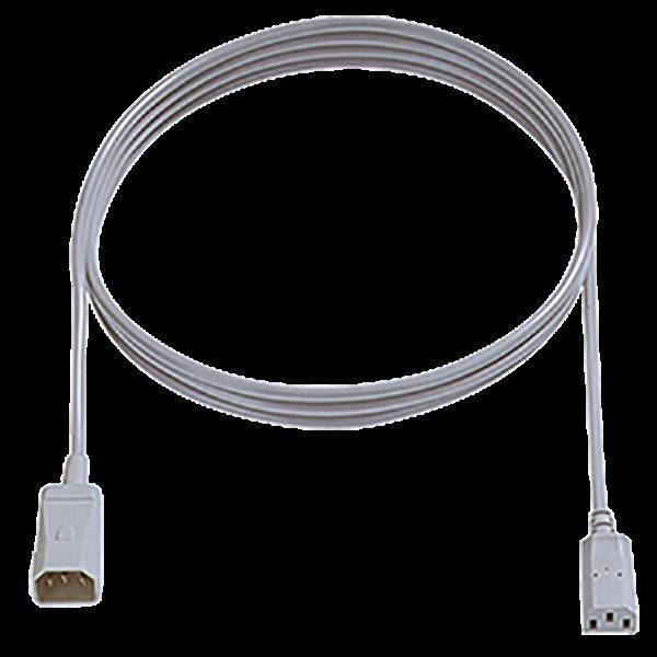 Ein weißes Computernetzstangennetzkabel mit einem männlichen Stecker auf der einen Seite und einem weiblichen Stecker auf der anderen Seite, das zur Stromversorgung von Geräten verwendet wird.