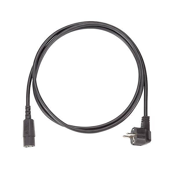 Ein schwarzes Netzkabel mit einem Drei-Stift-Stecker an einem Ende und einer Buchse am anderen Ende; geeignet zum Anschluss elektronischer Geräte an Stromquellen.