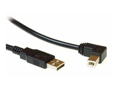 Ein schwarzes USB-Kabel mit einem Standard-USB-A-Stecker auf der einen Seite und einem Winkel-USB-B-Druckerstecker auf der anderen Seite.