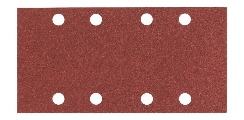 Ein rechteckiges Blatt Schleifpapier mit acht gleichmäßig verteilten Löchern, das zum Schleifen von Oberflächen verwendet wird, erscheint auf einem einfarbigen Hintergrund.