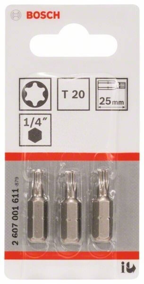 Dreierpack T20 Torx-Schraubendrehereinsätze, 25 mm Länge, 1/4 Zoll Sechskantschaft. Verpackung zeigt Bitform und kompatible Antriebsgröße.