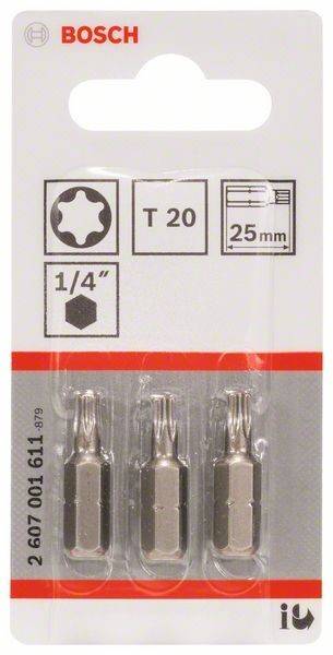 Drei T20 Stern-Schraubendreher-Bits, 25 mm lang, in Verpackung präsentiert. Geeignet für 1/4-Zoll-Antriebe.