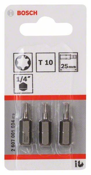 Dreierpack Torx T10 Schraubendreher-Bits, 25 mm lang, dargestellt mit Symbolen, die die Bitform und -größe anzeigen.