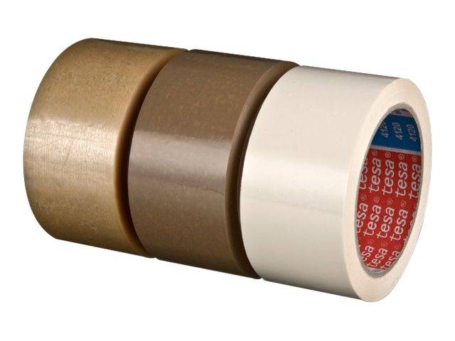 Drei nebeneinander gestapelte Rollen Klebeband: Gold-, Braun- und Weiß-Klebeband oder Packband.