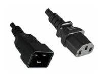 Zwei schwarze Stromkabelstecker auf weißem Hintergrund abgebildet, mit einer weiblichen Buchse auf der linken Seite und einem männlichen Stecker auf der rechten Seite.