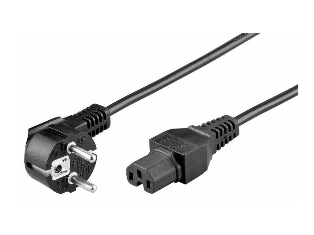 Schwarzes Stromkabel mit europäischem Stecker auf der einen Seite und IEC-C13-Computerstecker auf der anderen Seite.