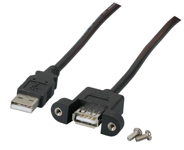 USB-Kabel mit einem Anschluss zur Paneelmontage und zwei Schrauben, das einen Standard-USB-Stecker und einen montierten USB-Port-Adapter zeigt.